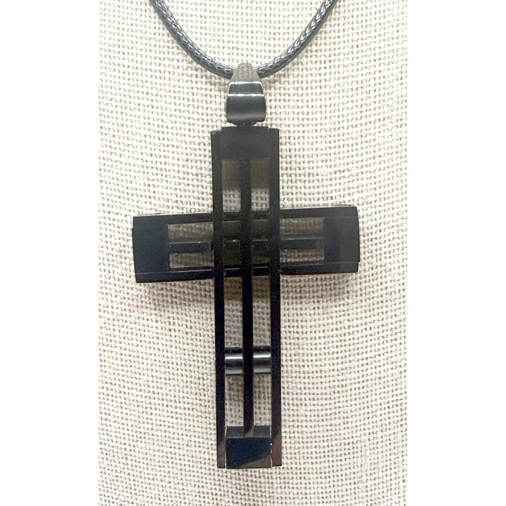 Black Metal Cutout Christian Cross Pendant Necklace Black Cord Gothic Faith